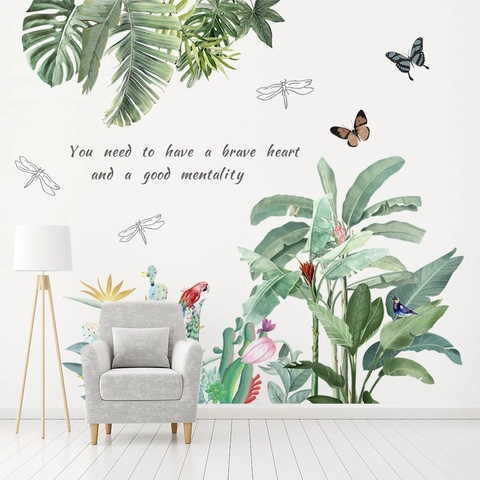 Adesivi Murali Foglie Verdi Tropicali Impermeabile PVC Monstera Cactus Pappagallo Decalcomanie da Muro per Soggiorno Camera da Letto
