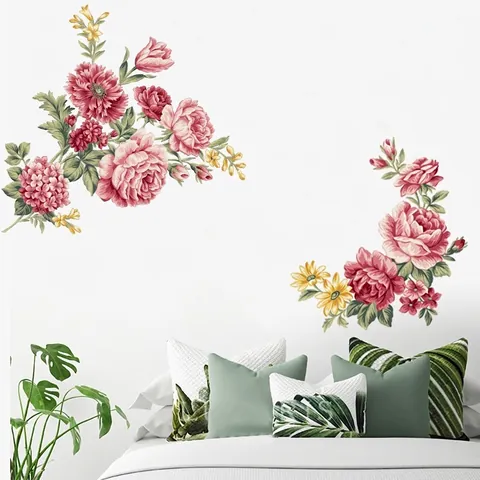 Handgeschilderde Pioenroos Bloem Muurstickers Waterdicht PVC Botanische Florale Muurstickers Voor Woonkamer Slaapkamer Decoratie