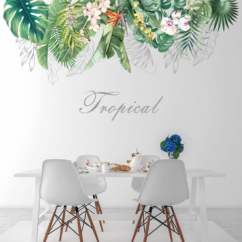 Tropical Leaves Flower Wall Sticker Monstera Palm Leaf Bird Of Paradise Orchid PVC Waterproof Wall Decal Home Decor