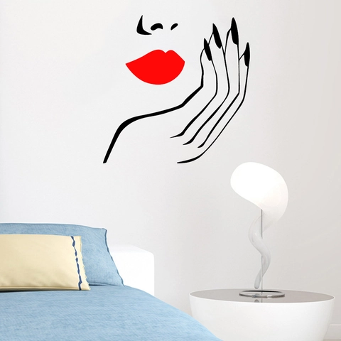 Moderno Minimalista Labbra Rosse Donna Viso Line Art Adesivo da Parete Impermeabile PVC Mano Femminile Decalcomania Decorativa per Salone di Bellezza Casa