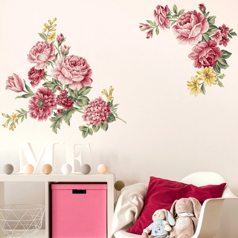 Handgeschilderde Pioenroos Bloem Muurstickers Waterdicht PVC Botanische Florale Muurstickers Voor Woonkamer Slaapkamer Decoratie