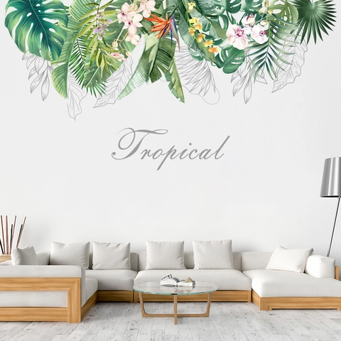 Tropical Leaves Flower Wall Sticker Monstera Palm Leaf Bird Of Paradise Orchid PVC Waterproof Wall Decal Home Decor