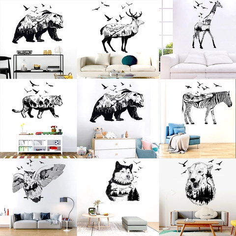 Creativo Adesivo da Parete Silhouette di Animale Nero Doppia Esposizione Paesaggio Forestale PVC Decalcomania Decorativa per Soggiorno Camera da Letto Casa