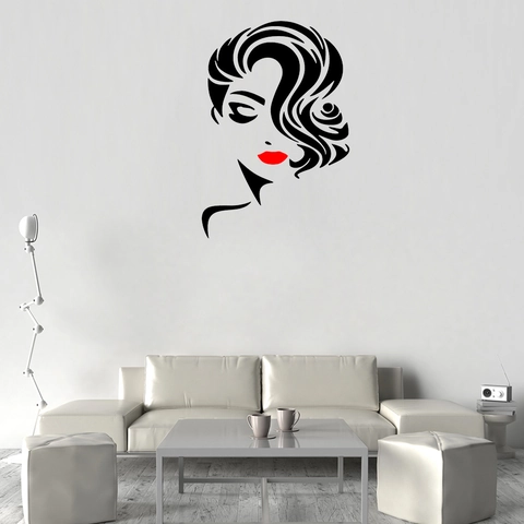 Sticker Mural Silhouette Femme Minimaliste Moderne PVC Étanche Auto-Adhésif Visage Fille Art Ligne Lèvres Rouges Décoration Murale
