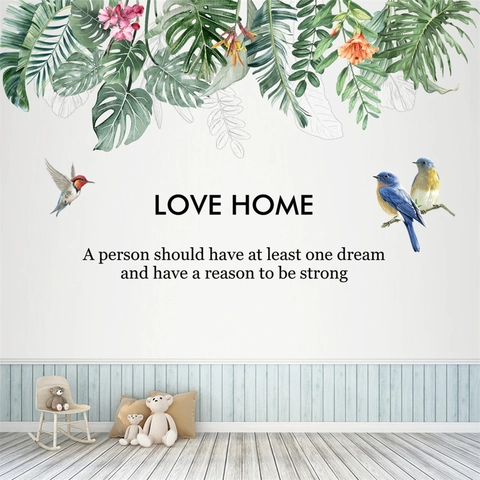 Nordische Tropische Grüne Blätter Vogel Blume Love Home Zitat Wandaufkleber Wasserdicht PVC Deko Wandtattoo Für Wohnzimmer