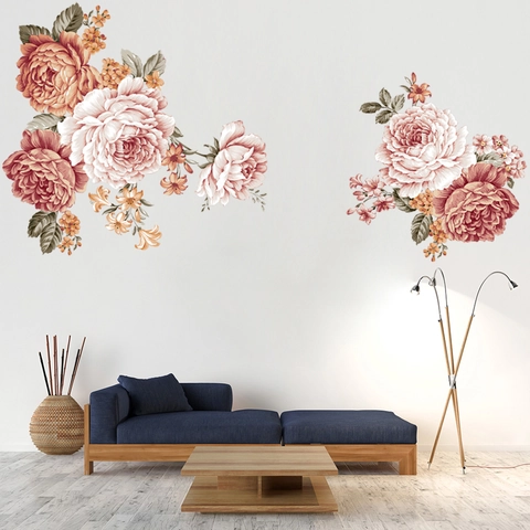 Vintage Pfingstrose Rose Blumen Wandtattoo Handbemalte Blume PVC Wasserdichte Aufkleber Für Wohnzimmer Schlafzimmer Kinderzimmer Dekoration
