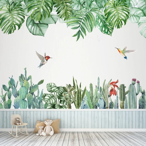 Noorse Tropische Monsterabladeren Cactus Kolibrie Muurstickers PVC Waterdicht Aquarell Bloemen Plant Muurstickers Voor Woonkamer Slaapkamer Kinderkamer Huisdecoratie