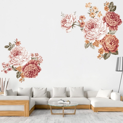 Vintage Pfingstrose Rose Blumen Wandtattoo Handbemalte Blume PVC Wasserdichte Aufkleber Für Wohnzimmer Schlafzimmer Kinderzimmer Dekoration