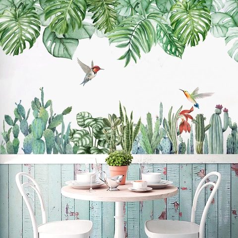 Noorse Tropische Monsterabladeren Cactus Kolibrie Muurstickers PVC Waterdicht Aquarell Bloemen Plant Muurstickers Voor Woonkamer Slaapkamer Kinderkamer Huisdecoratie