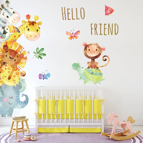 Vinilos de Pared Animales de Dibujos Animados Acuarela para Decoración Infantil Jirafa Elefante León Mono Tortuga PVC Estampado
