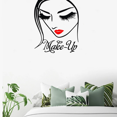 Moderno Adesivo da Parete Viso di Bellezza Con Labbra Rosse Vinile Autoadesivo Impermeabile Trucco Murale per Camera da Letto