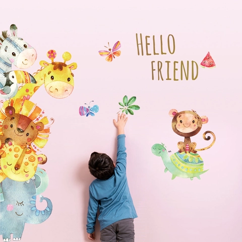Vinilos de Pared Animales de Dibujos Animados Acuarela para Decoración Infantil Jirafa Elefante León Mono Tortuga PVC Estampado