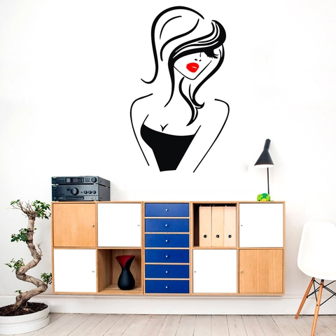 Minimalistischer Mode Wandaufkleber Weibliche Silhouette Mit Roten Lippen PVC Wasserdicht Selbstklebend Wandbild Für Salon Wohnzimmer