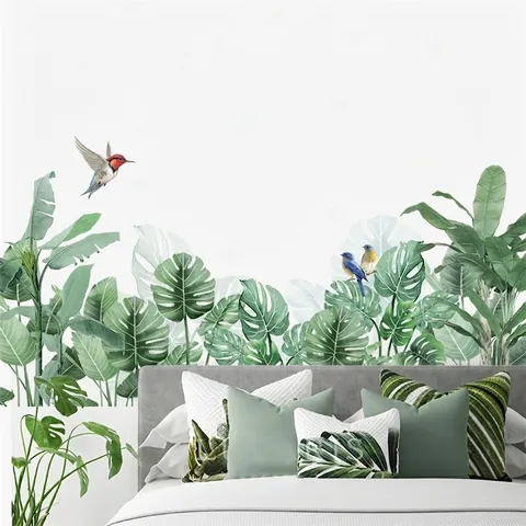 Nordische Tropische Grüne Pflanzen Wandaufkleber Monstera Bananenblätter Vögel Motivationszitate PVC Wasserdichte Deko Für Wohnzimmer Schlafzimmer