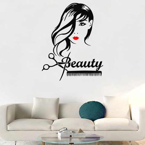 Beauty Salon Wall Sticker Female Profile Red Lips Scissors Comb PVC Waterproof DIY Mural Hair Studio Shop Room Decoration