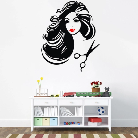 Adesivo da Parete Salone di Bellezza Silhouette di Donna Con Labbra Rosse Forbici Decalcomania in Vinile Impermeabile Arredo
