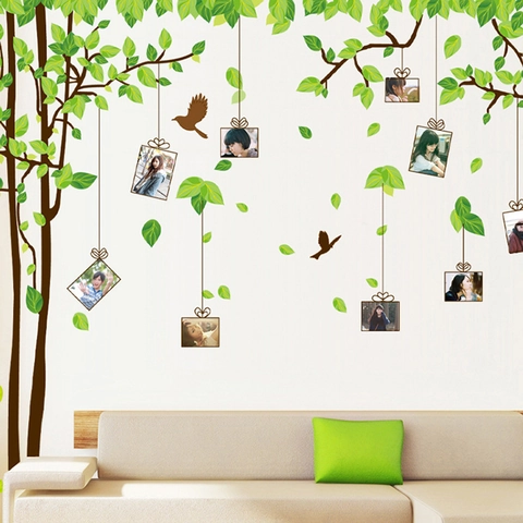 DIY Αυτοκόλλητο Τοίχου Δέντρο Φωτογραφιών Μεγάλα Πράσινα Φύλλα Κλαδί Πουλιού PVC Αφαιρούμενο Οικογενειακό Δέντρο Για Καθιστικό Υπνοδωμάτιο