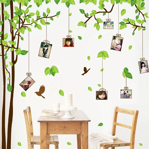 DIY Αυτοκόλλητο Τοίχου Δέντρο Φωτογραφιών Μεγάλα Πράσινα Φύλλα Κλαδί Πουλιού PVC Αφαιρούμενο Οικογενειακό Δέντρο Για Καθιστικό Υπνοδωμάτιο