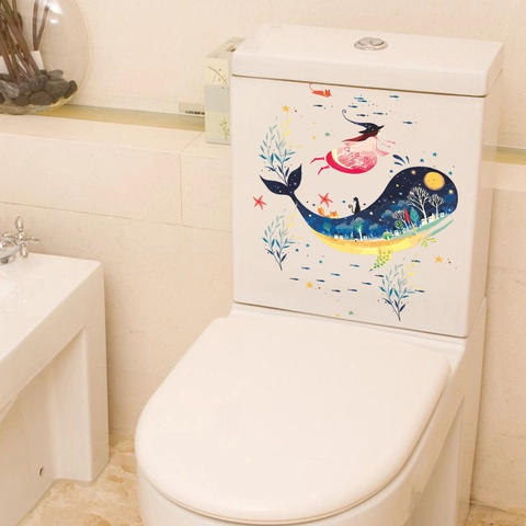 Pegatina de Inodoro de PVC Removible Mundo Submarino Ballena Niña Impermeable Fantasía Océano Calcomanía de Pared para Baño