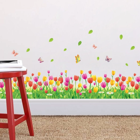 3D Tulip Floral Skirting Line Wall Sticker Removable PVC Waterproof Butterfly Wall Decal For Living Room Home Decor