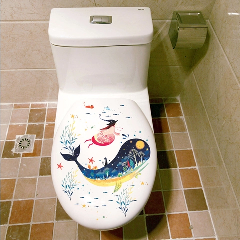 Pegatina de Inodoro de PVC Removible Mundo Submarino Ballena Niña Impermeable Fantasía Océano Calcomanía de Pared para Baño