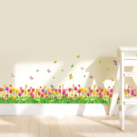 3D Tulip Floral Skirting Line Wall Sticker Removable PVC Waterproof Butterfly Wall Decal For Living Room Home Decor