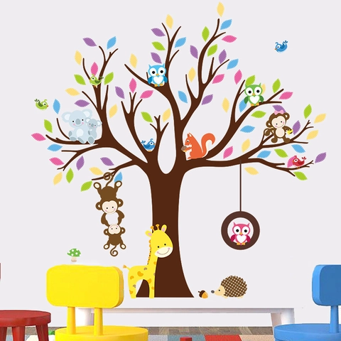 Pegatinas Pared Árbol Animales del Bosque para Niños Extraíbles PVC Mono Ardilla Búho Rama Guardería Calcomanías de Pared