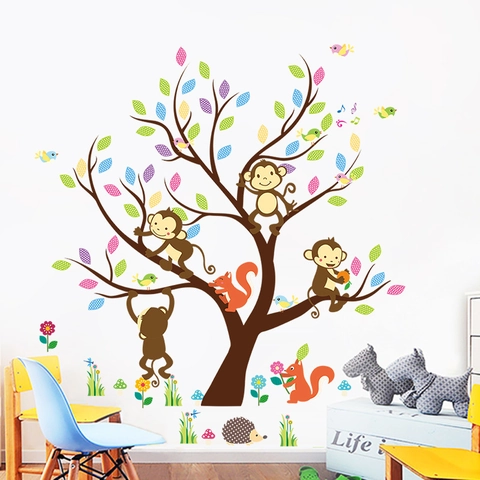 Pegatinas Pared Árbol Animales del Bosque para Niños Extraíbles PVC Mono Ardilla Búho Rama Guardería Calcomanías de Pared
