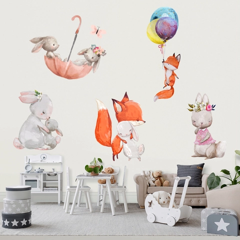 Pegatina De Pared De Animales De Dibujos Animados Acuarela Conejo Zorro Paraguas Globo Mariposa PVC Autoadhesivo Decoración Infantil