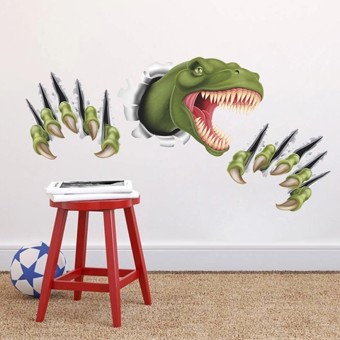 3D Visual Dinosaur Wall Sticker Waterproof PVC Green T-Rex Breaking Wall Art Decal For Kids Room Bedroom Home Decor