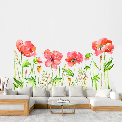Stickers Muraux Vigne de Coquelicot Rouge Aquarelle Décalcomanies Murales Florales en PVC pour Salon Chambre Décoration