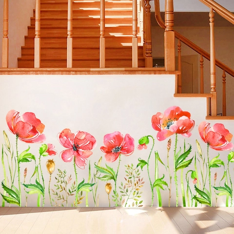 Stickers Muraux Vigne de Coquelicot Rouge Aquarelle Décalcomanies Murales Florales en PVC pour Salon Chambre Décoration