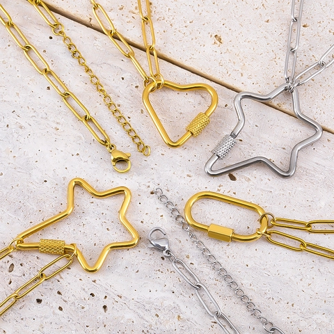 Stainless Steel Carabiner Pendant Necklace For Women Heart Star Geometric Paperclip Chain Gold Silver Electroplated Jewelry