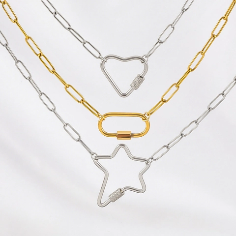 Stainless Steel Asymmetric Star Heart Carabiner Pendant Necklace Fashion Personalized Geometric Paperclip Chain Necklace For Women