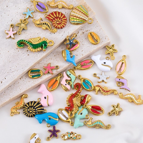 304 Stainless Steel Ocean Enamel Pendant Seahorse Starfish Shell Whale Charm For DIY Jewelry Making Bracelet Necklace