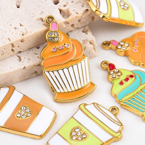 304 Stainless Steel Enamel Cupcake Coffee Cup Charms Rhinestone Pendant For DIY Necklace Bracelet Making Accessories
