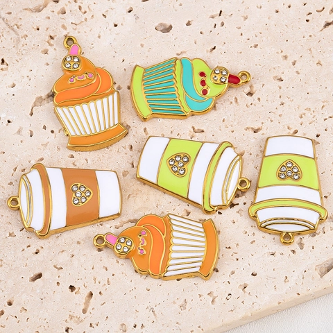 304 Stainless Steel Enamel Cupcake Coffee Cup Charms Rhinestone Pendant For DIY Necklace Bracelet Making Accessories
