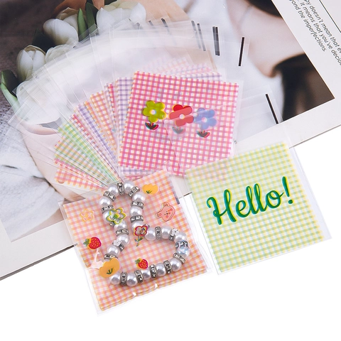 Cute Cartoon Pattern Plastic Self-Sealing Bags For Jewelry Packaging Transparent Small Gift Bag Grid Animal Series 100PCS