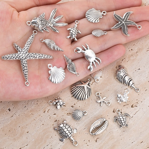 Vintage Alloy Ocean Series Pendants Antique Silver Starfish Conch Turtle Shell Charms For DIY Necklace Bracelet Jewelry Making