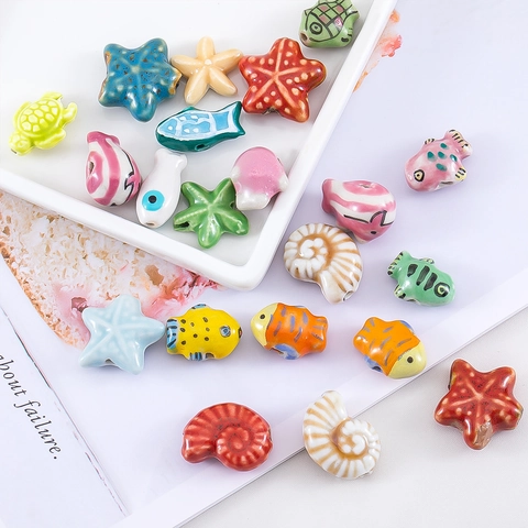 Ocean Series Ceramic Loose Beads Cartoon Sea Turtle Starfish Tropical Fish Glazed Porcelain Beads For DIY Jewelry Making