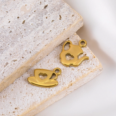 Colgantes de Acero Inoxidable 304 con Forma de Tetera y Taza de Té con Corazón Hueco Oro Plateado Accesorios DIY para Collar Mujer