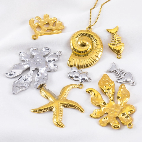 304 Stainless Steel Ocean Theme Pendants Gold Steel Color Marine Life Shell Starfish Fish Bone Coral Charms For DIY Necklace Jewelry Making