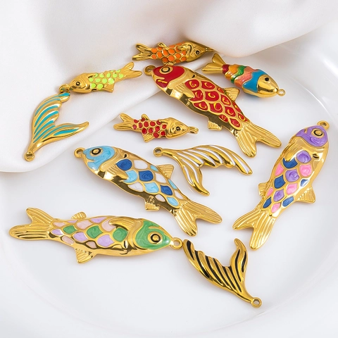 Pendentif DIY en Acier Inoxydable 304 Forme Queue de Poisson Carpe Koï Émail Goutte d'Huile Accessoire de Bijouterie Style Marin