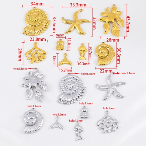 304 Stainless Steel Ocean Theme Pendants Gold Steel Color Marine Life Shell Starfish Fish Bone Coral Charms For DIY Necklace Jewelry Making