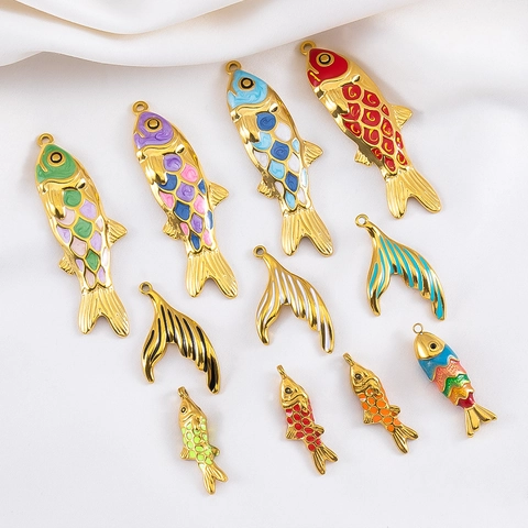 Pendentif DIY en Acier Inoxydable 304 Forme Queue de Poisson Carpe Koï Émail Goutte d'Huile Accessoire de Bijouterie Style Marin