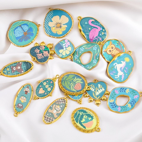 304 Edelstahl Emaille Anhänger Waldblumen Thema Eule Bär Floral Charms Für DIY Schmuckherstellung Zubehör