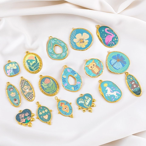 304 Edelstahl Emaille Anhänger Waldblumen Thema Eule Bär Floral Charms Für DIY Schmuckherstellung Zubehör