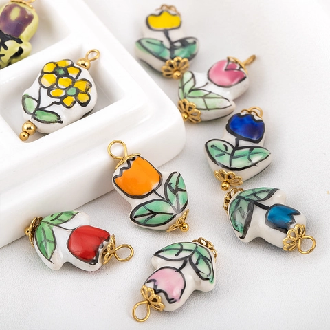 Handbemalte Keramik Tulpen Blumenanhänger Mit 304 Edelstahl Zubehör Für DIY Schmuckherstellung Vintage Blumenanhänger