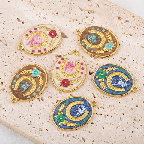 Vintage Stainless Steel Enamel Horseshoe Flower Pendant DIY Jewelry Accessory For Necklace Bracelet Making Women Lucky Charm