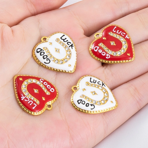 Stainless Steel Heart Horseshoe Pendant Good Luck Rhinestone Enamel Charm For DIY Bracelet Necklace Jewelry Making Accessory